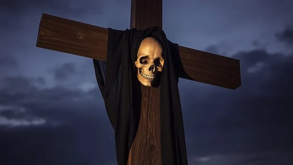 Dream symbol: cross with skeleton face and black veil: symbolism: Reflection of Inner Darkness and Redemption