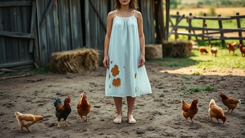 Dream symbol: stained dress with chicken poop: scenarios: Dream about Stained Dress in a Farmyard Setting