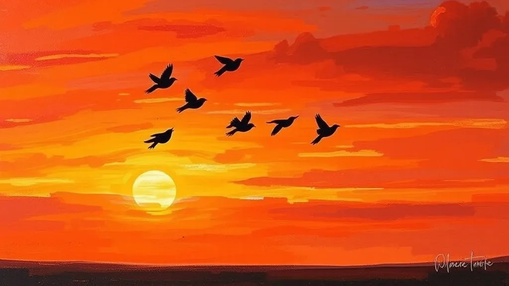 Dream symbol: family of birds: scenarios: Dream of a Family of Birds at Sunset