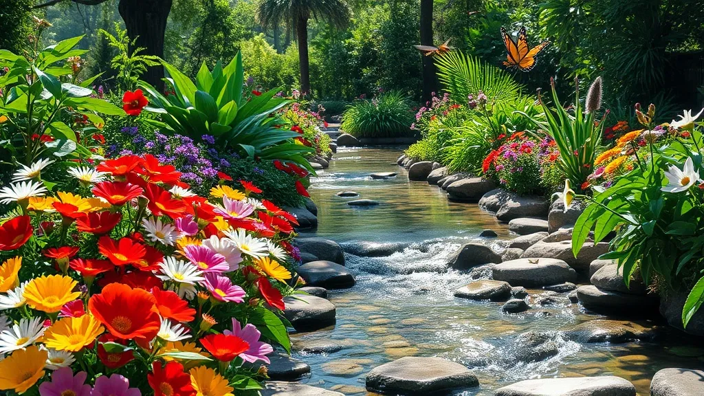 Dream symbol: garden with water and plants: scenarios: Dream of a Garden with Clear Water and Colorful Flowers