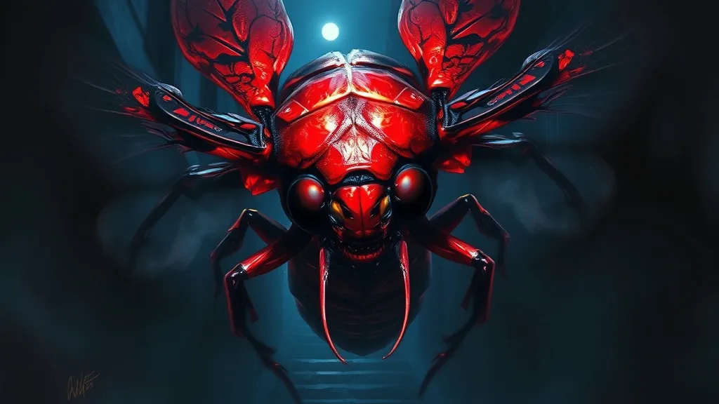 Dream symbol: giant red and black flying bug: scenarios: Dream about a Giant Red and Black Flying Bug in a Dark or Dangerous Setting