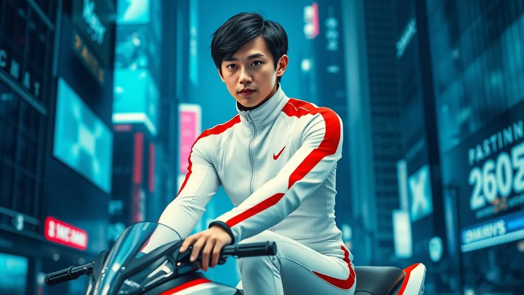 Dream symbol: rider with jet black short hair in white suit with red stripes: scenarios: Dream about Rider with Jet Black Short Hair Wearing a White Suit in a Futuristic Setting
