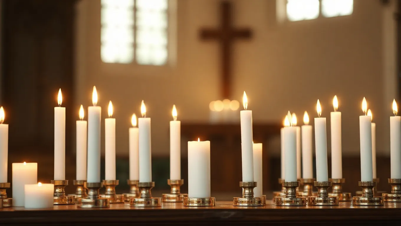 Dream symbol: white lit large flame candle: scenarios: Dream of Multiple White Lit Large Flame Candles on an Altar Dream symbol: white lit large flame candle: scenarios: Dream of Multiple White Lit Large Flame Candles on an Altar